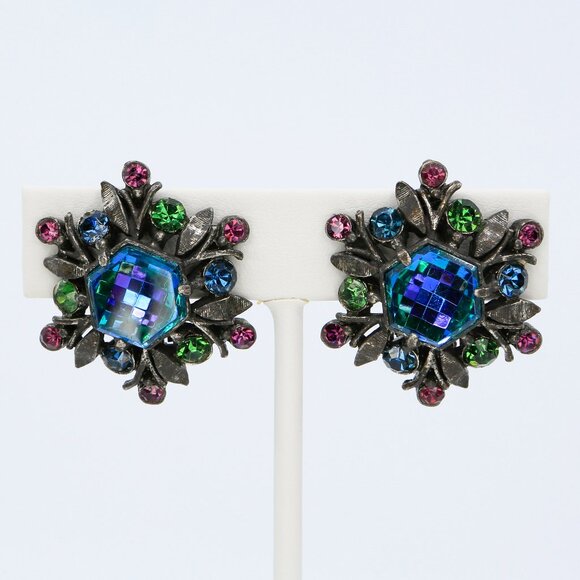 Vintage Rare Florenza Blue Vitrail Hexagon Rhinestones Clip On Earrings 1960s - Picture 1 of 5